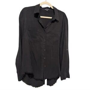 Washed Black Frayed Hem Button-Down Shirt | Size M | Relaxed Fit